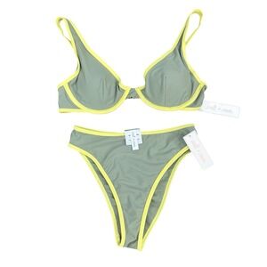 NWT Salt + Cove Bikini Set Colorblock Sage Green Neon Trim Juniors L Resort Wear